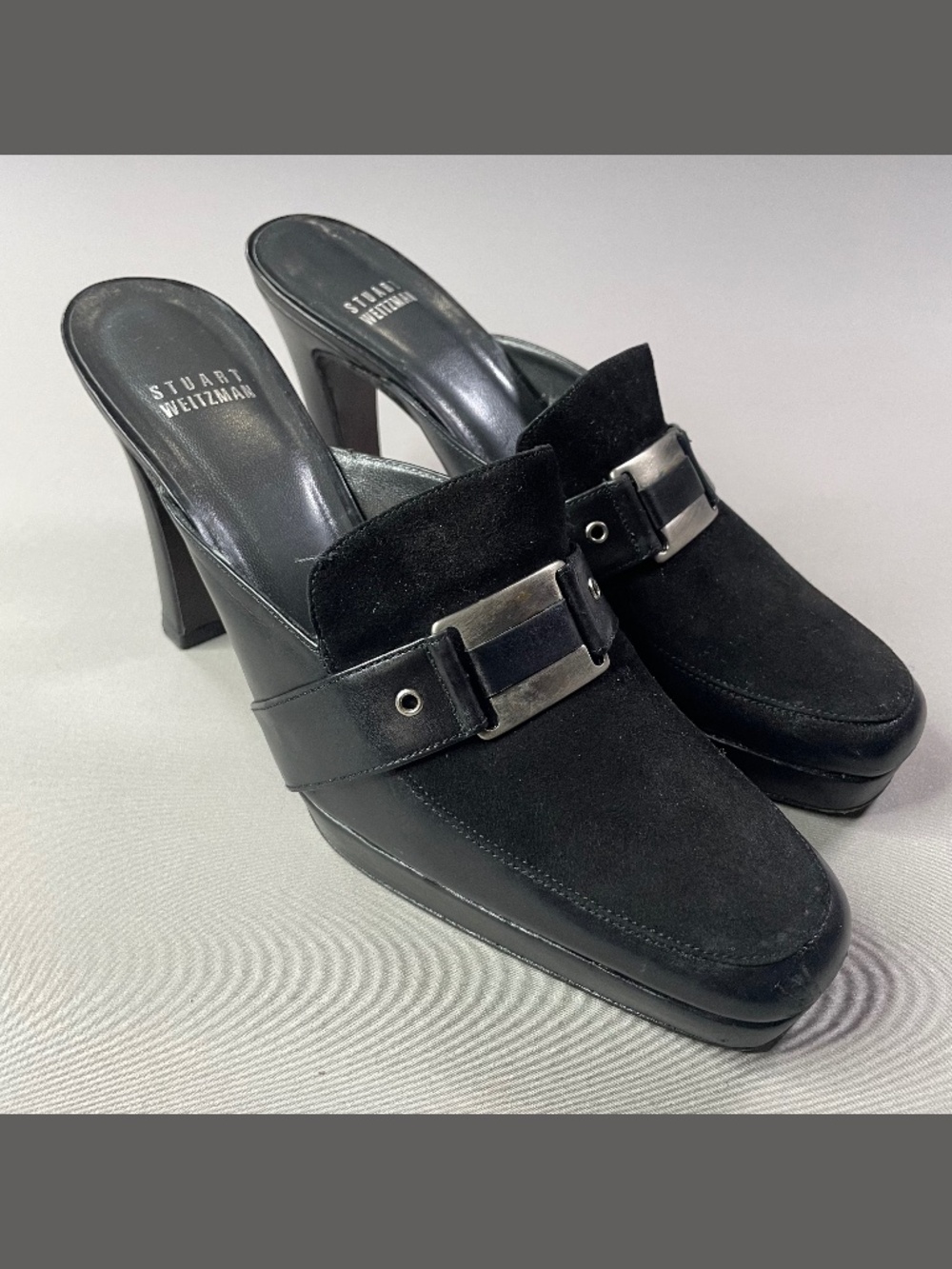 Stuart Weitzman Shoes Womens 8 black leather loafer heels horse bit slip on